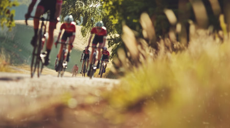 Cyclists in motion during a race on a rural road, surrounded by the golden hues of a sunlit countryside landscapeの素材