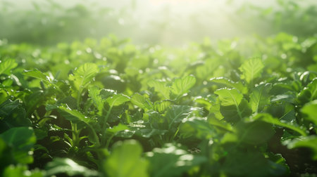 Close-up of vibrant green leaves glistening with dew, illuminated by the soft glow of the morning sunの素材