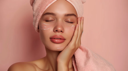 Close-up portrait of a young woman with a fresh, glowing complexion, applying facial cream, wrapped in a soft towel for a pampering beauty regimenの素材