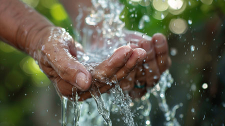 Close-up of hands scooping up fresh, sparkling water, with droplets suspended in motion, symbolizing purity and lifeの素材