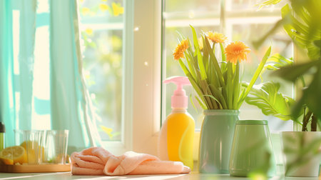 A cheerful kitchen window sill adorned with orange gerbera daisies in a vase, complemented by fresh cleaning supplies, inviting a sense of freshness and cleanliness into the home.の素材