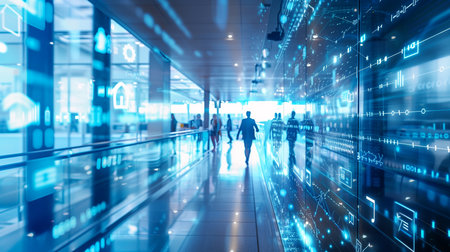 Business professionals walk through a sleek corporate corridor adorned with futuristic digital interfaces, symbolizing the intersection of modern business and advanced technology.の素材