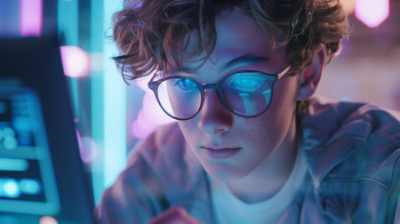 A focused young individual engages with a digital screen, surrounded by a vibrant neon glow that reflects the dynamic world of technology and innovation they're immersed inの素材