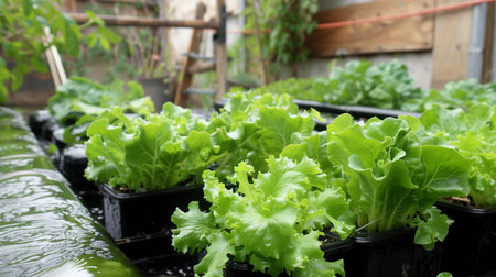 Fresh green lettuce thrives in a hydroponic system, showcasing the efficient and sustainable method of urban agriculture with water as the primary growing mediumの素材