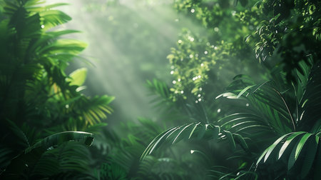 Sun rays piercing through the verdant canopy of a dense tropical rainforest, highlighting the lush green foliage and the vibrant life force of the jungleの素材