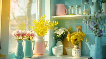 A bright kitchen window space is adorned with a delightful arrangement of pink tulips and yellow blooms, evoking a cheerful springtime ambiance.の素材