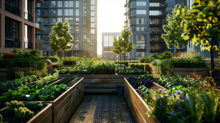 An inviting rooftop garden flourishes amongst urban architecture, offering a lush green space with raised beds full of vibrant plants and vegetables, basked in the golden light of dawnの素材