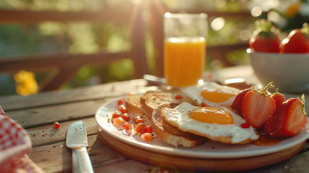 A sun-drenched breakfast scene featuring fresh strawberries, sunny-side-up eggs, and a glass of orange juice, capturing the essence of a perfect morningの素材