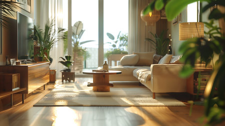 A serene and inviting living room bathed in the golden glow of a setting sun, surrounded by lush indoor plants creating a peaceful urban oasisの素材