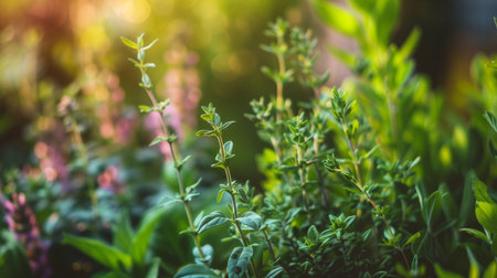 The soft light of twilight bathes a garden of herbs, highlighting the delicate textures and varied shades of green.の素材
