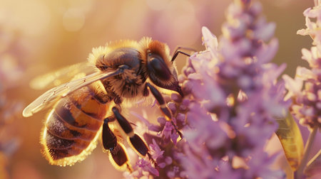 A close-up image of a honeybee delicately foraging on lavender blossoms, capturing the vital role of pollinators in nature.の素材