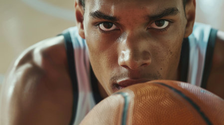 Intense close-up of a focused basketball player with eyes fixed on the goal, capturing the determination and concentration in the sport.の素材