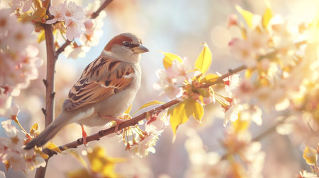 A delicate sparrow perches among the blooming cherry blossoms, a symbol of the joyful chorus that accompanies the arrival of spring.の素材