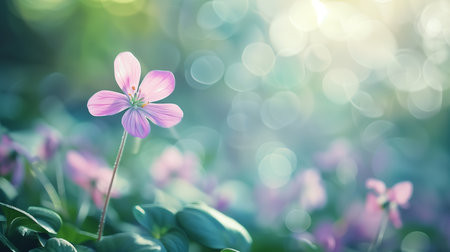 A lone, delicate flower stands amidst a soft-focus forest setting, its subtle pink petals catching the ethereal woodland light.の素材