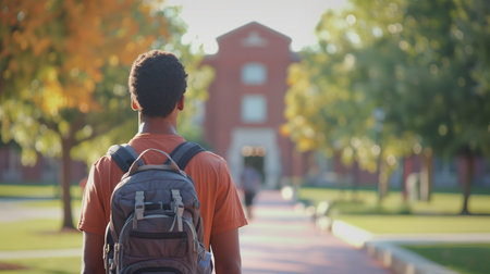 The back view of a student walking towards a college building, immersed in the golden glow of a new beginning at university.の素材