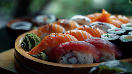 An exquisite selection of sushi and sashimi artfully presented on a wooden platter, capturing the fresh and delicate flavors of Japanese cuisine.の素材