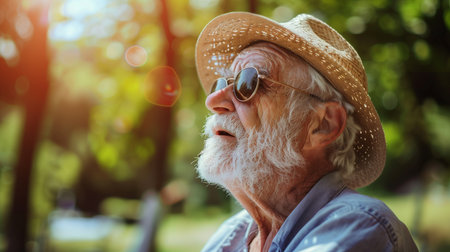 An elderly man in a straw hat gazes thoughtfully into the distance, his face telling a story of a life rich with experience.の素材
