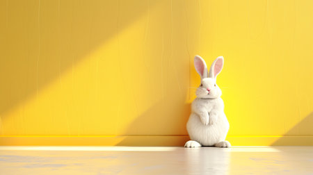 A charming 3D-rendered white rabbit set against a vibrant yellow backdrop, basking in the warmth of a sunny environmentの素材