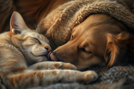 A heartwarming scene of a golden retriever and a tabby cat cuddling together, wrapped in a soft blanket, symbolizing friendship and comfort.の素材