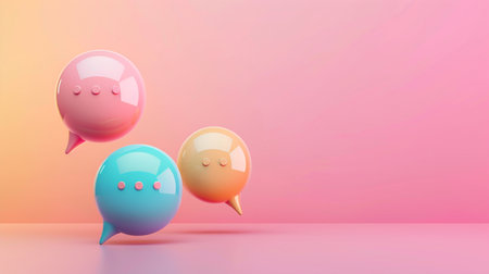 A playful arrangement of shiny, colorful speech bubbles against a soft gradient background, evoking a friendly and engaging conversation in the digital spaceの素材
