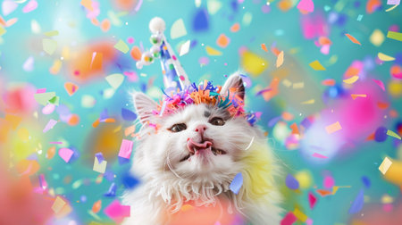 A joyous cat celebrating with a party hat and confetti, capturing the playful spirit of a festive celebrationの素材