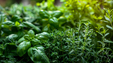 Close-up image of fresh, green culinary herbs in a garden, highlighted by natural sunlightの素材