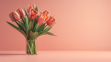 A vase of peach tulips stands gracefully against a matching pastel backdrop, a celebration of spring's delicate beauty.の素材