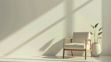 A calming scene with a modern armchair and a simple potted plant, basking in the soft light of a serene, sunlit spaceの素材
