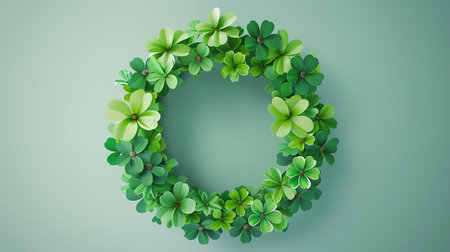 A digital rendering of a lush wreath made of vibrant green clovers, symbolizing luck and the rejuvenating spirit of nature.の素材