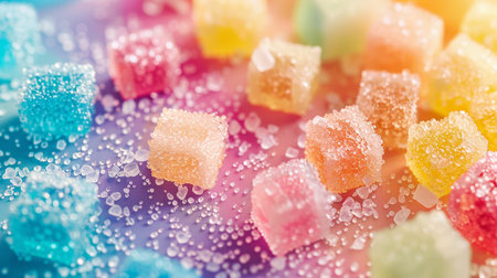 A vibrant array of sugar-coated gummy candies sparkling with tiny sugar crystals, bathed in a playful spectrum of pastel huesの素材