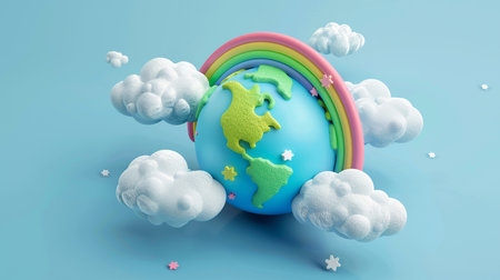 A delightful 3D illustration of the Earth hugged by a rainbow, floating among fluffy clouds, evoking a sense of global unity and joyの素材