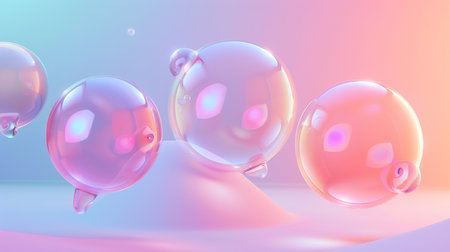 A mesmerizing array of translucent soap bubbles floats gracefully, capturing the ethereal interplay of light and soft pastel reflectionsの素材