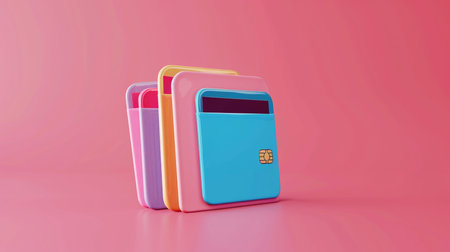 An array of brightly colored payment cards stands out against a soft pink background, highlighting modern financial technology and convenienceの素材