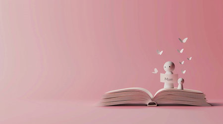 An endearing representation of mother and child as figurines on an open book with paper butterflies, symbolizing the stories and journey of motherhoodの素材
