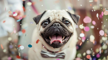Pug in a custom suit, with a candid, happy expression, against a backdrop of wedding confetti, capturing the festivity of the day,の素材