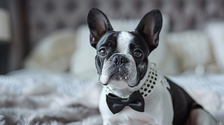 French bulldog in a bow tie and lace collar, captured in a whimsical, joyous moment, great for pet lovers' wedding cards,の素材