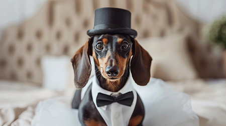 Dachshund in a stylish wedding outfit, with a playful tilt of the head, offering a unique and memorable wedding announcement,の素材