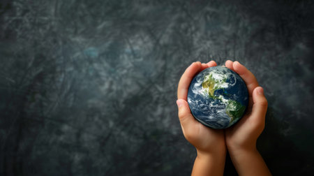 Tender hands of a child holding an Earth globe, presented in a 3D illustration with ample copy space, a creative and inspirational image for Earth Day, underscoring the vital role of education in environmental awarenessの素材