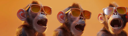Playful 3D-rendered monkeys clad in radiant sunglasses, interacting joyfully on a clean, isolated stageの素材