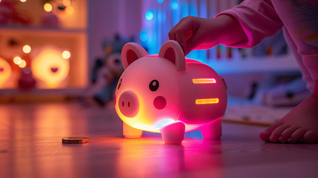 A child's hand placing a coin into a high-tech piggy bank with LED progress bars, in a playful and vibrant settingの素材