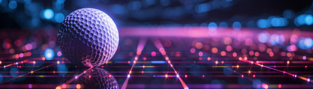 High-tech golf ball on a glowing grid, abstract digital sports field, vibrant future aesthetic, text spaceの素材