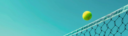 Illustration of a tennis ball trajectory over the net, minimalistic style with a clear sky background for textの素材