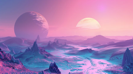 Alien planet landscape, smooth lines, 3D, surreal colors, twilight ambiance,の素材