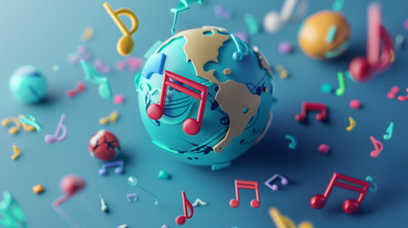 A 3D, minimalist art piece featuring a variety of musical notes and symbols orbiting around a stylized planet Earth for World Music Dayの素材