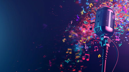 Creative, fantasy banner for World Music Day showing a close-up of a treble clef forming the stem of a vibrant, musical note-shaped flower, in a clean, surrealistic style, with copy spaceの素材