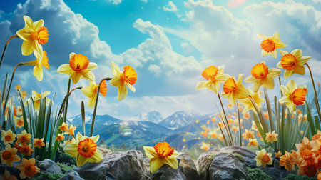 Daffodil Day creative and surrealistic fantasy background, featuring photorealistic daffodils in an imaginative setting, clean design, ideal for vibrant displaysの素材