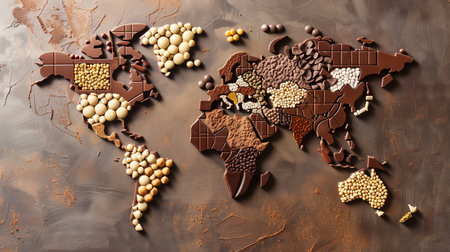 A world map decorated with chocolate candies representing different continents, highlighting global appreciationの素材