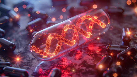 A glowing capsule with a DNA double helix inside, representing gene therapyの素材