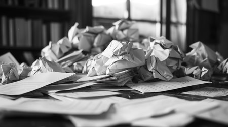 Crumpled rejection letters stacked on a deskの素材