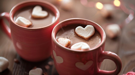 A close-up of two mugs filled with hot cocoa and heart-shaped marshmallowsの素材